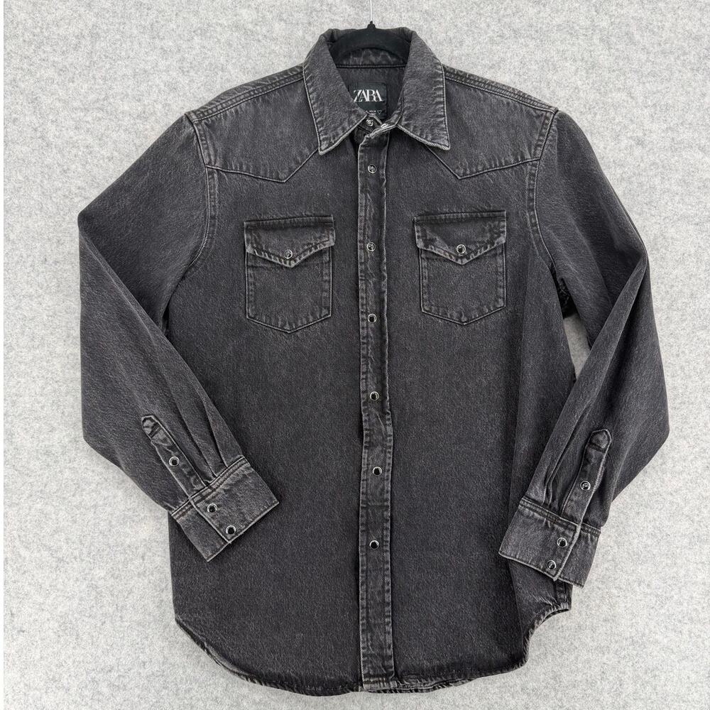 NWT Zara Dark Faded Gray/Black Western Oversized Denim Shirt Size Small